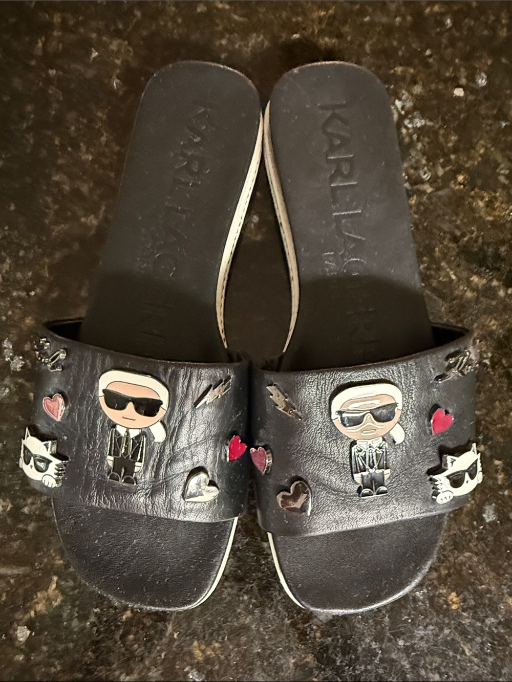 Karl Lagerfeld Black Leather Slide Sandals with Enamel Charms 8.5